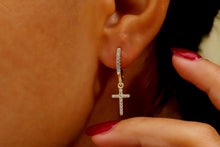 Load image into Gallery viewer, Cross Huggie Hoop Earrings with Dazzling CZ Diamonds