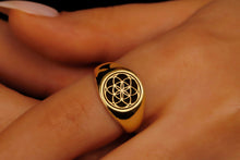 Load image into Gallery viewer, 14K Gold Flower of Life Signet Ring - Stunning Sterling Silver Jewelry