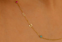 Load image into Gallery viewer, Gold Letter Birthstone Initial Necklace | Handmade Sideways Design | Unique Anniversary &amp; Birthday Gift in Sterling Silver