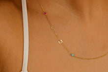 Load image into Gallery viewer, Gold Letter Birthstone Initial Necklace | Handmade Sideways Design | Unique Anniversary &amp; Birthday Gift in Sterling Silver