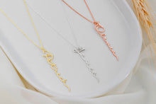 Load image into Gallery viewer, Silver Custom Name Charm Necklace | Personalized Vertical Nameplate Jewelry in Rose Gold