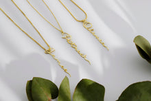 Load image into Gallery viewer, Custom Signature Gold Vermeil Vertical Name Necklace | Handwriting Script Design with Box &amp; Snake Chain