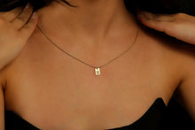 Load image into Gallery viewer, Minimalist Bar Initial Necklace - Tiny Charm with Snake Chain &amp; Cut Out Tag - Personalized Letter Jewelry Gift