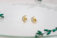 Load image into Gallery viewer, Luna Luxe Crescent Moon Studs • Dainty CZ Stone Earrings in Sterling Silver, Rose Gold, and Gold