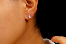 Load image into Gallery viewer, Luna Luxe Crescent Moon Studs • Dainty CZ Stone Earrings in Sterling Silver, Rose Gold, and Gold