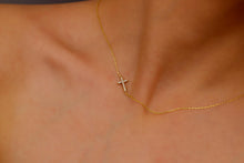 Load image into Gallery viewer, 14K Gold Sideways Cross Necklace with Sparkling CZ Diamonds
