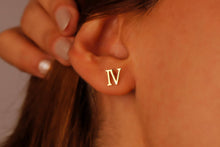 Load image into Gallery viewer, Roman Numeral Personalized Minimalist Earrings | Sterling Silver &amp; Gold Dainty Studs for Unique Gifts