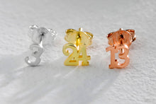 Load image into Gallery viewer, Dainty Number Earrings by SilverGoldandRose | Personalized Sterling Silver, Gold and Rose Gold Studs for a Minimalist Look