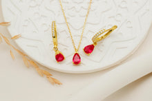 Load image into Gallery viewer, Radiant Ruby &amp; 14K Gold Jewelry Set - Elegant Sterling Silver Drop Earrings &amp; Necklace