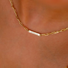 Load image into Gallery viewer, Personalized Engraved Bar Necklace | Sterling Silver &amp; Rose Gold on Paperclip Chain
