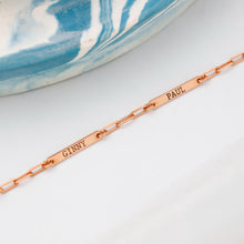 Load image into Gallery viewer, Personalized Engraved Bar Necklace | Sterling Silver &amp; Rose Gold on Paperclip Chain
