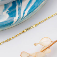 Load image into Gallery viewer, Personalized Engraved Bar Necklace | Sterling Silver &amp; Rose Gold on Paperclip Chain