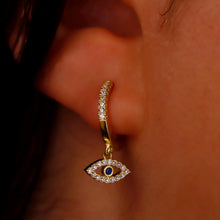 Load image into Gallery viewer, Evil Eye Huggie Hoops in 925 Sterling Silver