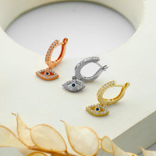 Load image into Gallery viewer, Evil Eye Huggie Hoops in 925 Sterling Silver