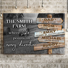 Load image into Gallery viewer, Where Life Points In Every Direction Family Farm Names Sign