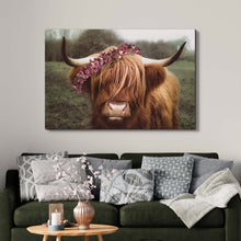 Load image into Gallery viewer, Retro Floral Crown Highland Cow Canvas Wall Art
