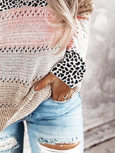 Load image into Gallery viewer, Full Size Openwork Leopard Drawstring Hooded Sweater