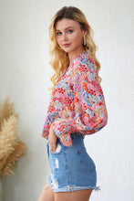 Load image into Gallery viewer, Floral Frill Trim Tie Neck Flounce Sleeve Blouse