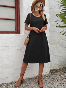 Round Neck Short Sleeve Dress with Pockets