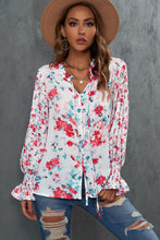 Load image into Gallery viewer, Floral Frill Trim Tie Neck Flounce Sleeve Blouse