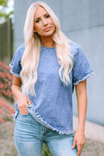 Load image into Gallery viewer, Round Neck Raglan Sleeve Raw Hem Denim Top