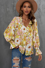 Load image into Gallery viewer, Floral Frill Trim Tie Neck Flounce Sleeve Blouse