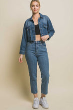 Load image into Gallery viewer, LOVE TREE Raw Hem Button Up Cropped Denim Jacket