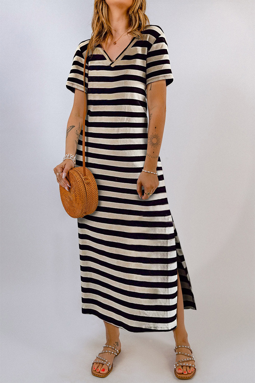 Striped V-Neck Short Sleeve Side Slit Dress