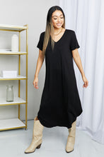 Load image into Gallery viewer, HYFVE V-Neck Short Sleeve Curved Hem Dress in Black