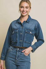 Load image into Gallery viewer, LOVE TREE Raw Hem Button Up Cropped Denim Jacket