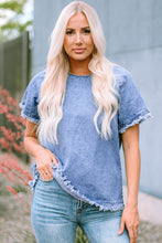 Load image into Gallery viewer, Round Neck Raglan Sleeve Raw Hem Denim Top