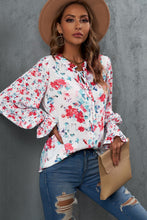 Load image into Gallery viewer, Floral Frill Trim Tie Neck Flounce Sleeve Blouse