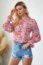 Load image into Gallery viewer, Floral Frill Trim Tie Neck Flounce Sleeve Blouse