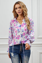 Load image into Gallery viewer, Floral Frill Trim Tie Neck Flounce Sleeve Blouse