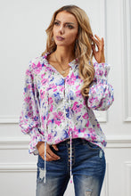 Load image into Gallery viewer, Floral Frill Trim Tie Neck Flounce Sleeve Blouse