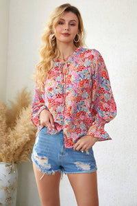 Floral Frill Trim Tie Neck Flounce Sleeve Blouse