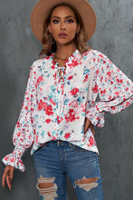 Load image into Gallery viewer, Floral Frill Trim Tie Neck Flounce Sleeve Blouse