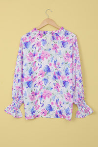 Floral Frill Trim Tie Neck Flounce Sleeve Blouse